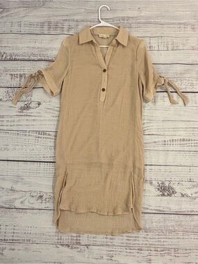 Indigo Rose Tan Tie Sleeve Gauze Shirt Dress Women’s S. Collared V-Neck Lined